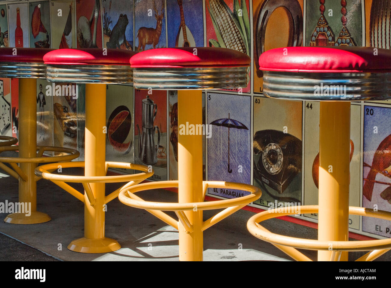 bar stools at diner Farmer's market Los Angeles CA Stock Photo