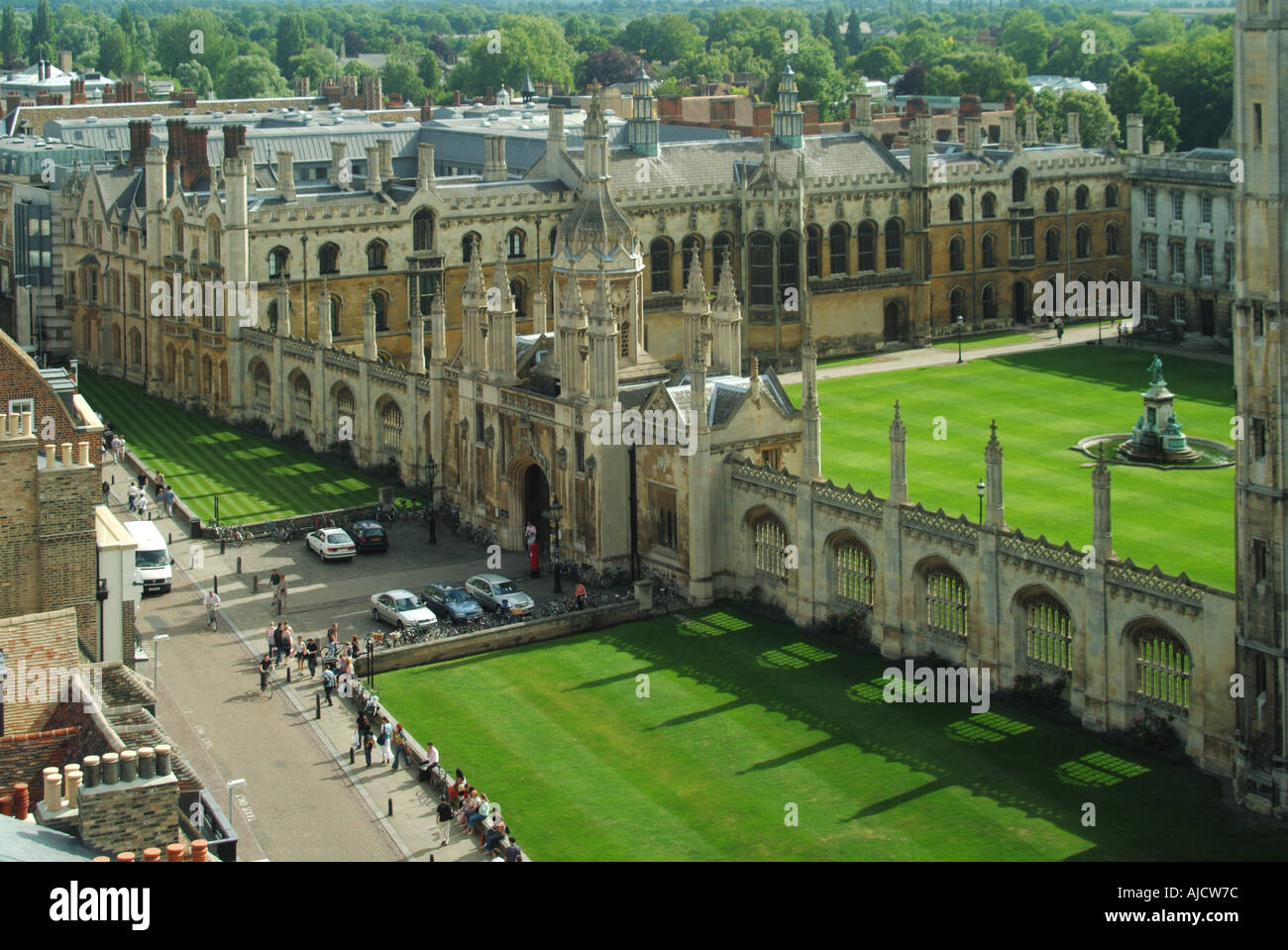 Cambridge university town looking down on part of the Kings College ornate screens along Kings Parade Stock Photo