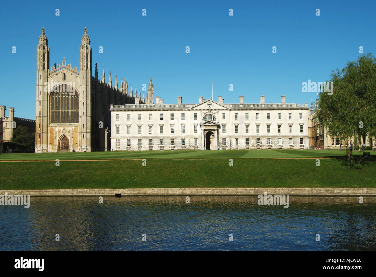 Peaceful River Cam landscape historical Grade I listed Kings College Chapel & the Gibbs building from The Backs in famous Cambridge university town UK Stock Photo