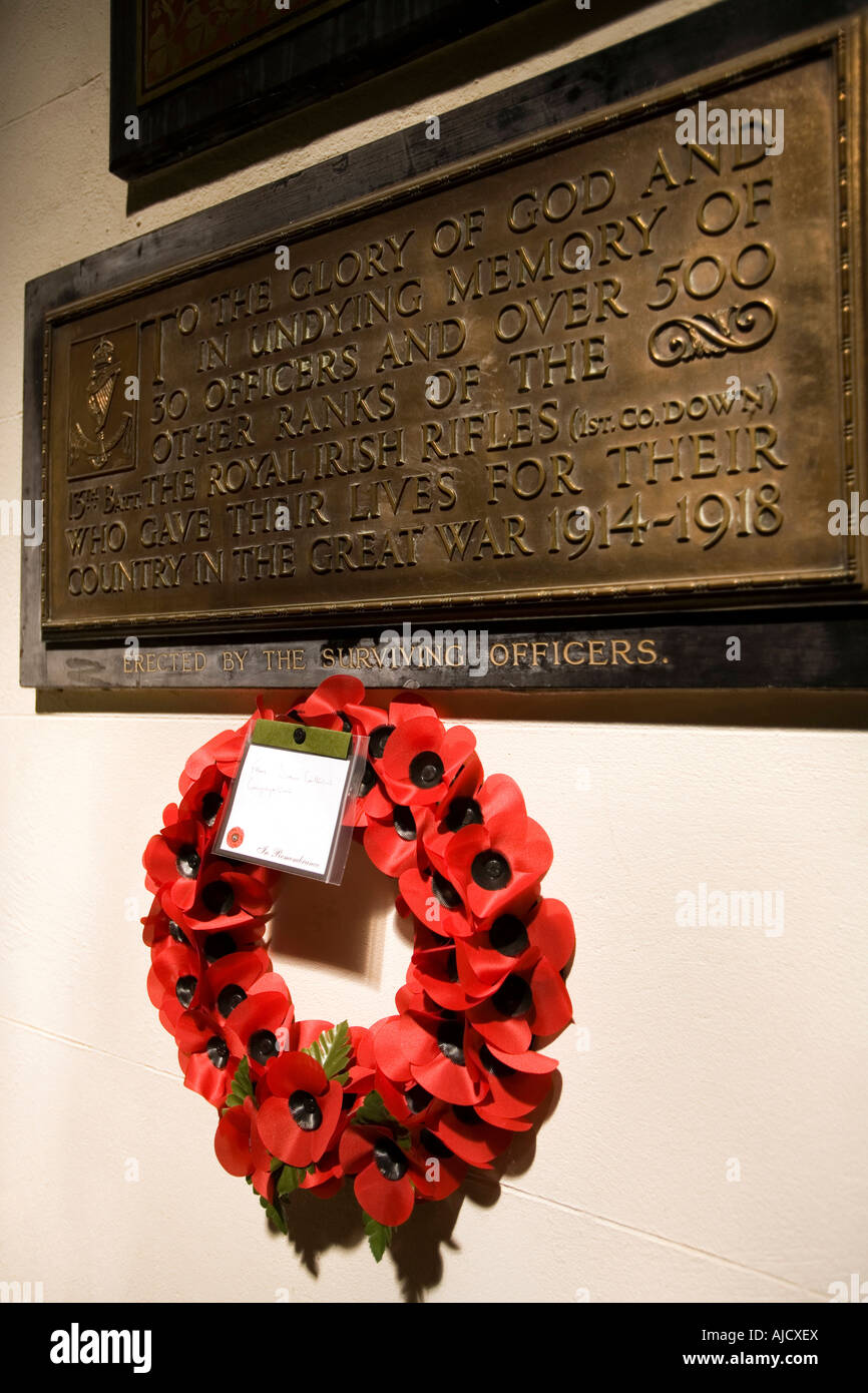 UK Northern Ireland County Down Downpatrick Down Cathedral Royal Irish Rifles Great War memorial plaque Stock Photo