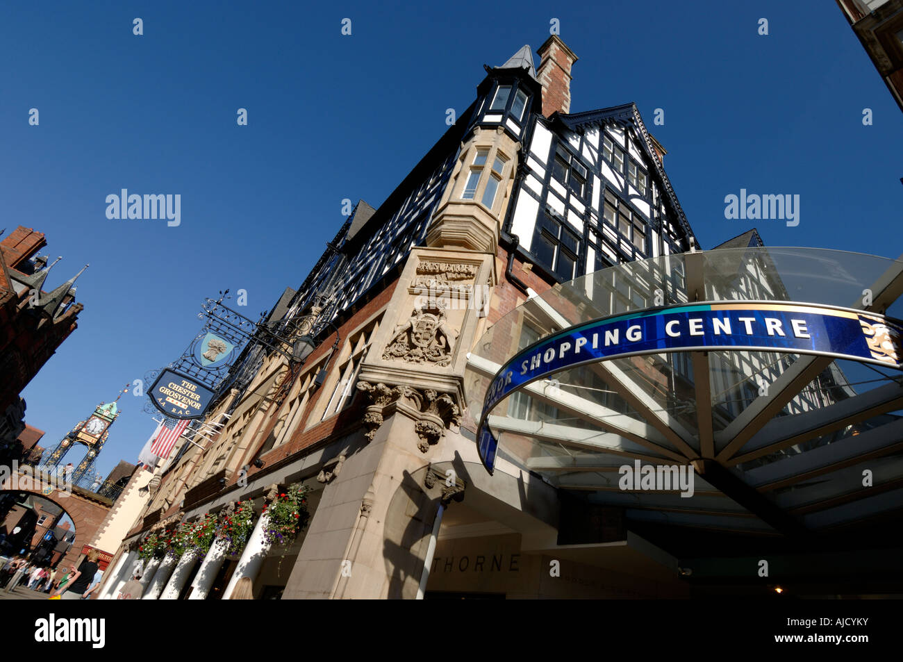 Grosvenor Hotel and Grosvenor Shopping Centre Eastgate Street Chester Cheshire England UK Stock Photo