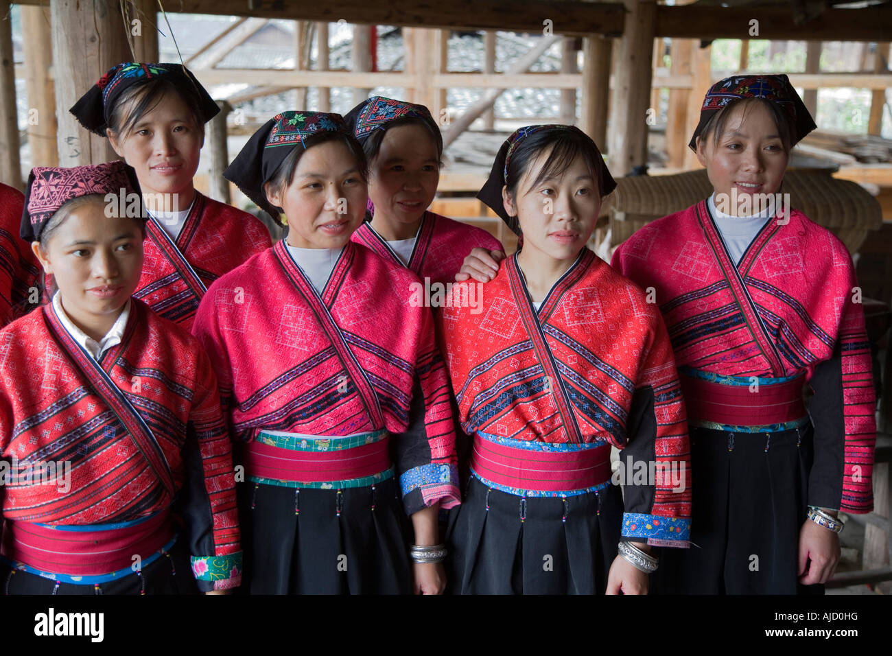 A group of colorful Red Yao girls Guilin China Stock Photo - Alamy
