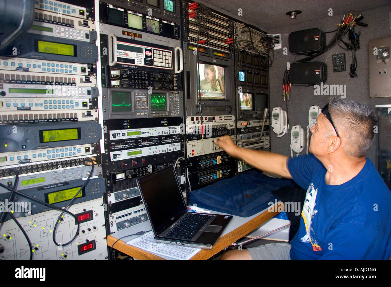 Interior of a news media van at a press conference in Boise Idaho Stock Photo