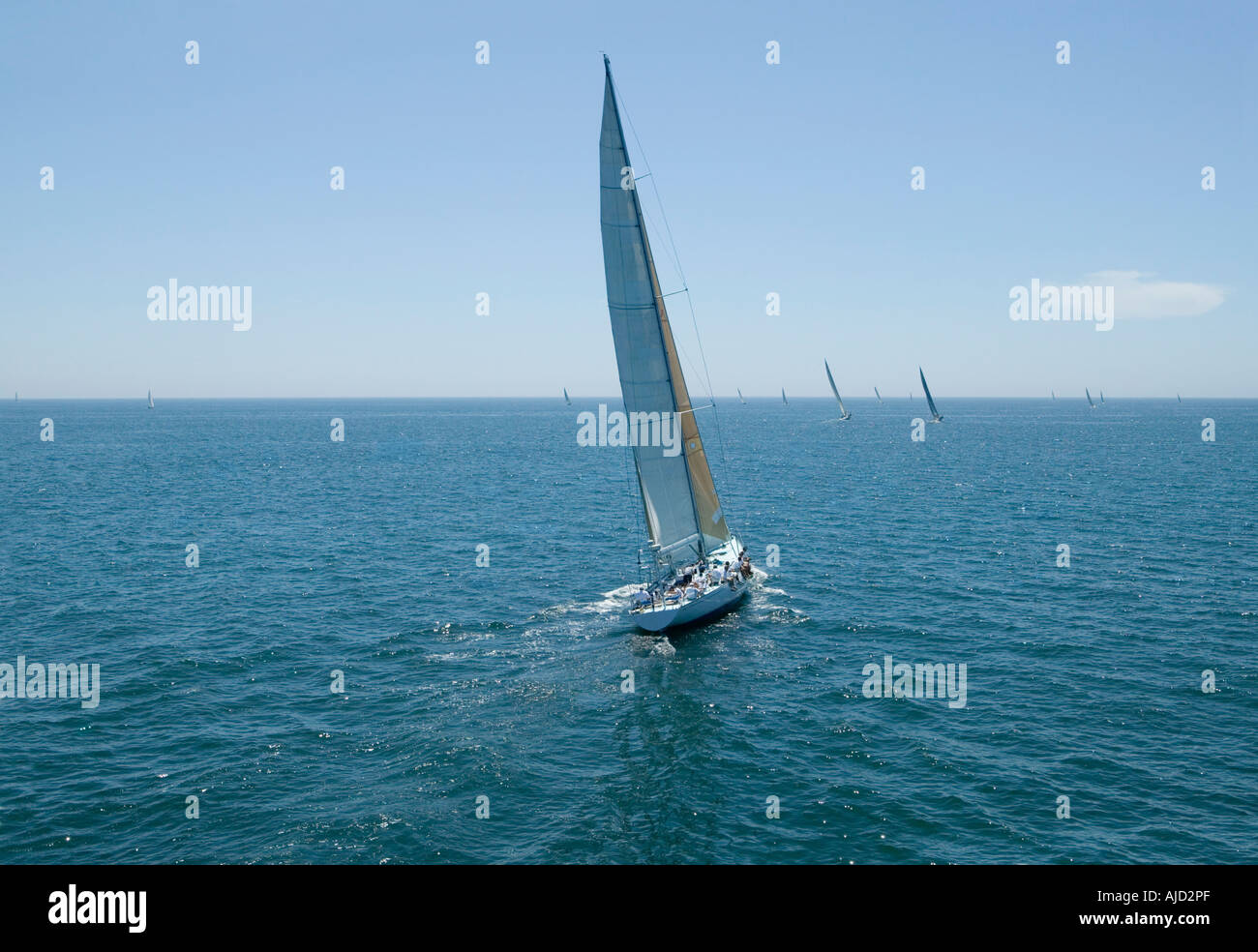 Sailboat racing on Ocean, back view Stock Photo