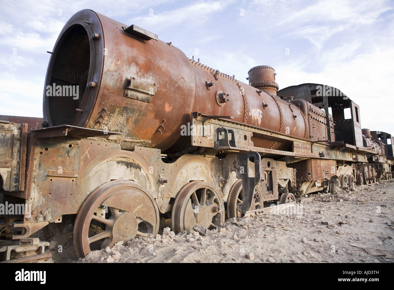 rusty steam engines on Cementerio de Trenes, Bolivia, Uyuni Stock Photo