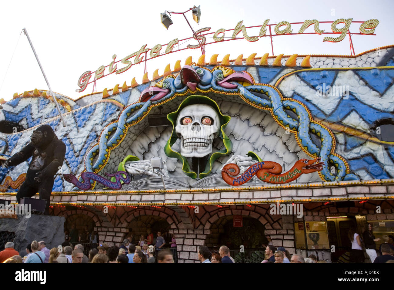 cladding of a haunted house with skull on the Cranger fair, Germany, Ruhr Area, Herne Stock Photo