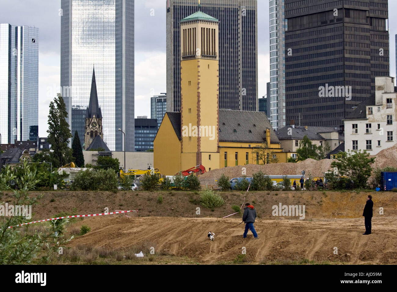 construction site and St. Antonius church with Matthaeus church in front of high-raised buildings, Germany, Hesse, Frankfurt/Ma Stock Photo