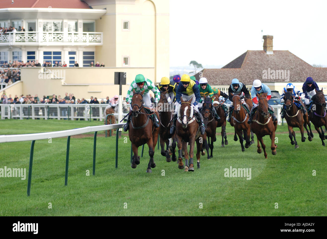 Horses racing at Towcester Races, Northamptonshire, England, UK Stock
