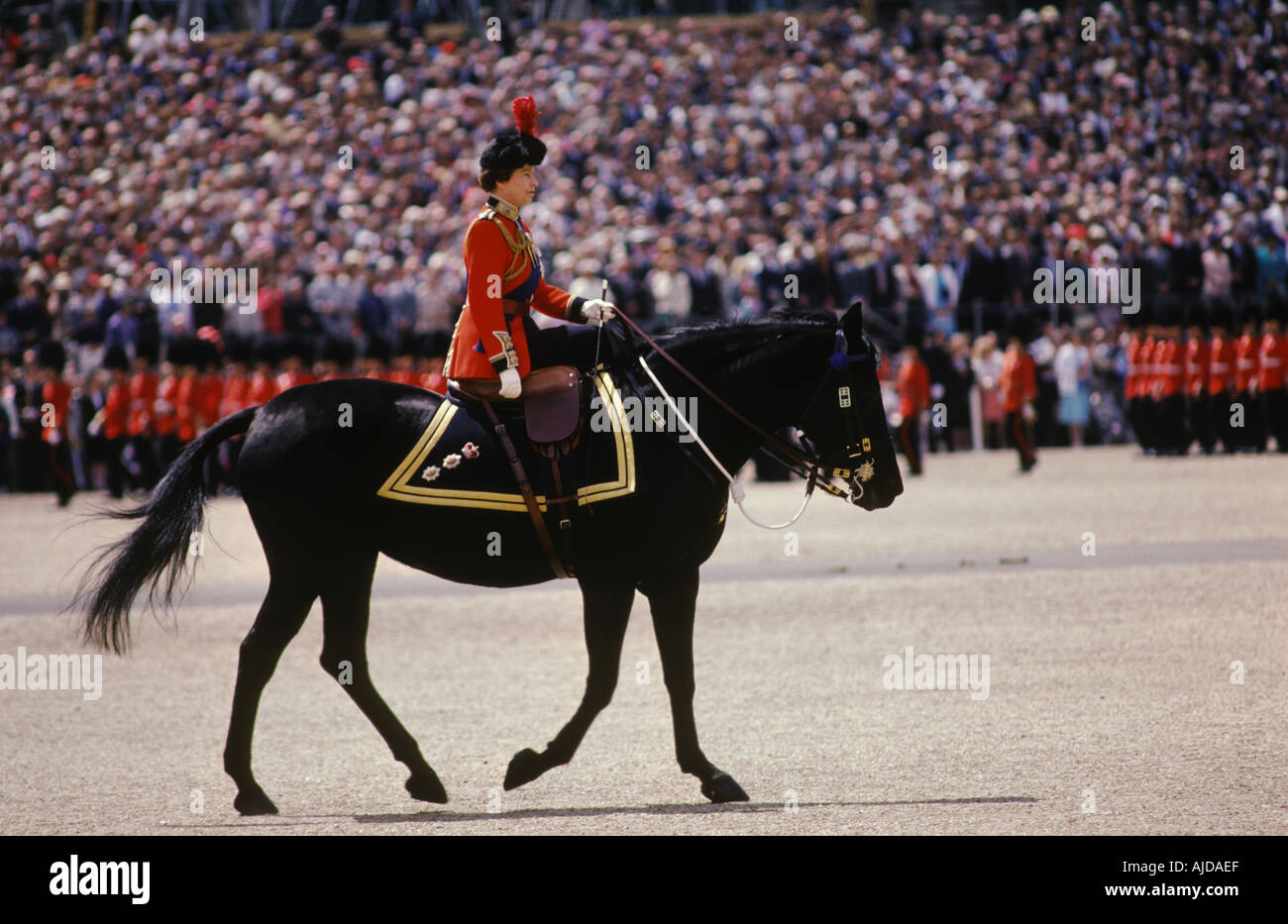 Queen Elizabeth II riding side saddle on horse named Burmese. Trooping the Colour ceremony Horse Guards Parade London June1985 Uk England 1980s Stock Photo