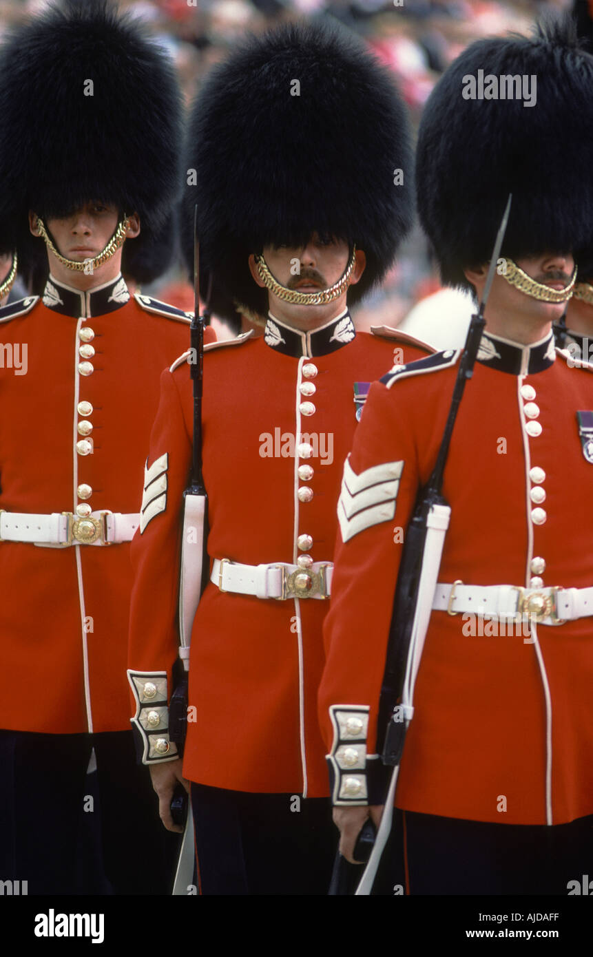 British soldiers in ceremonial uniform London Uk  Trooping the Colour on Horse Guards Parade. circa June 1985 1980s HOMER SYKES Stock Photo