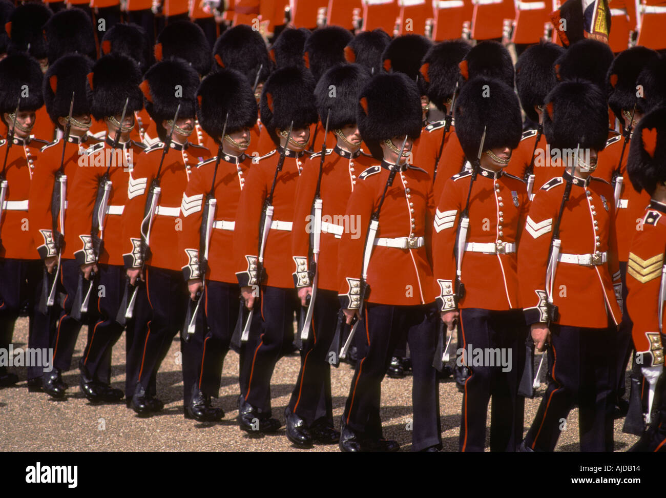 Horse Guards Parade, London Trooping the Colour. British soldiers in ceremonial uniform London Uk circa June 1985 1980s UK HOMER SYKES Stock Photo