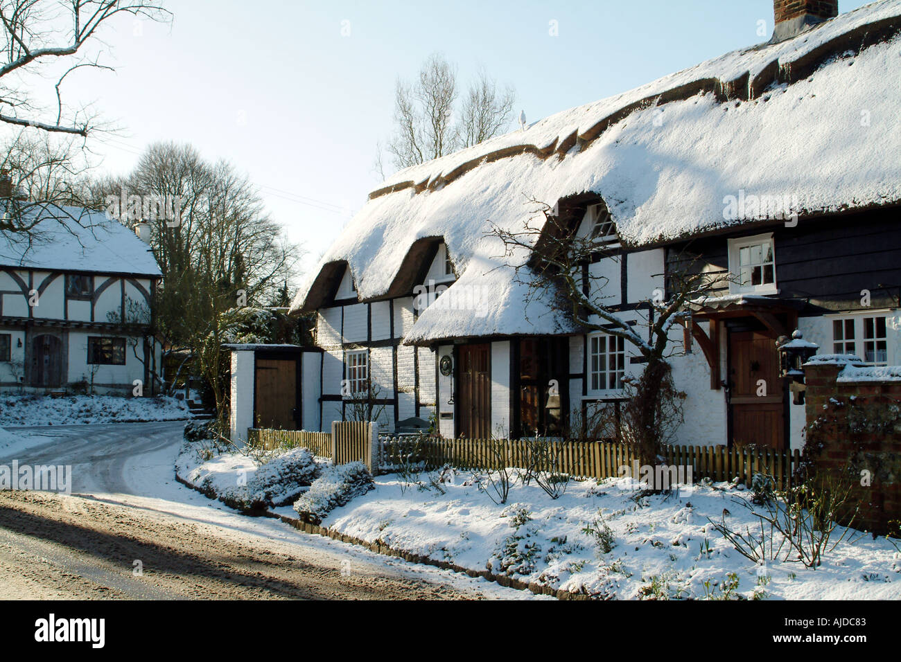 Snow Covered English Country Thatched Cottage Hampshire England UK
