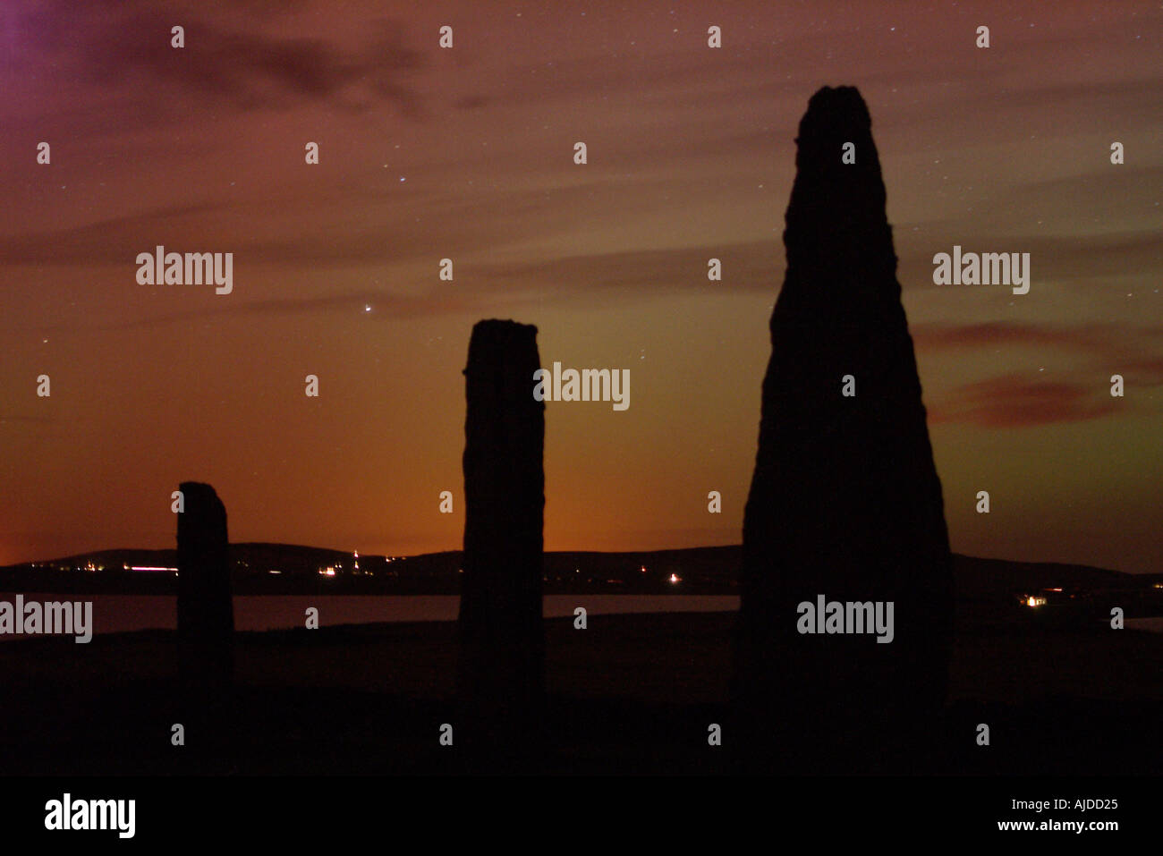 dh Aurora Borealis RING OF BRODGAR ORKNEY Northern Lights neolithic standing stone circle night scotland Stock Photo