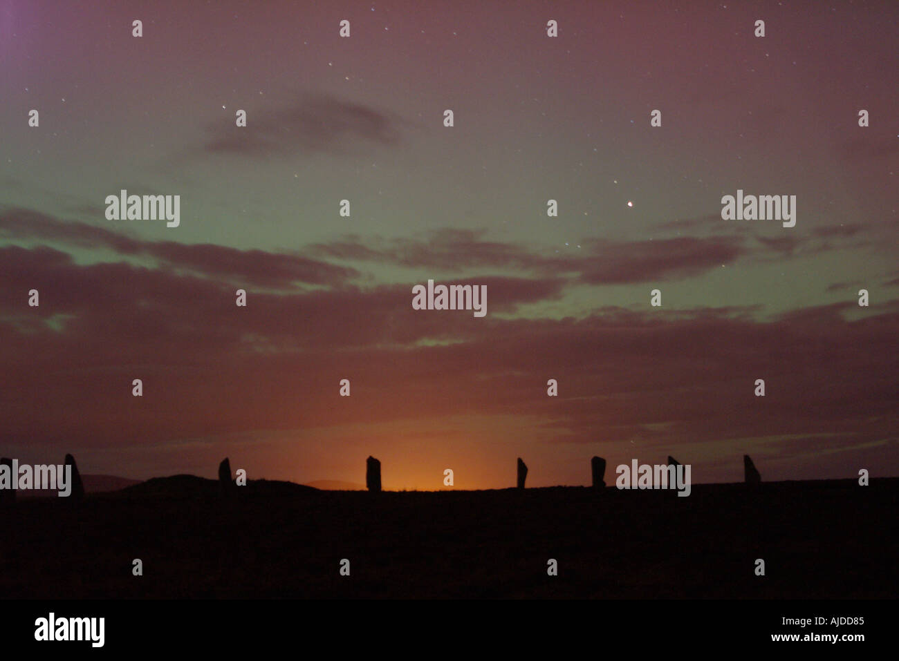 dh Neolithic standing stone RING OF BRODGAR ORKNEY Northern Lights Aurora Borealis Scotland night lights uk world heritage site henge stones sky Stock Photo