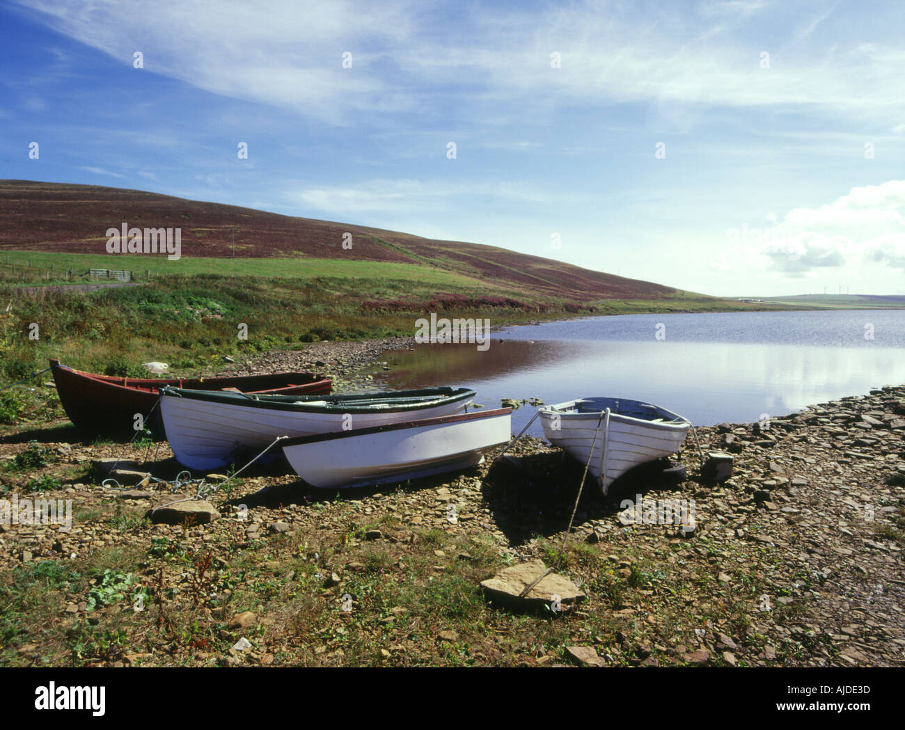 dh Loch of Swannay EVIE ORKNEY Anglers fishing boats lochside heather hill Stock Photo