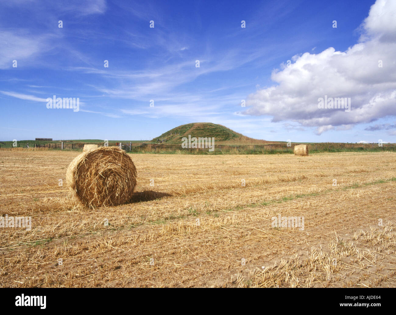 dh  MAESHOWE ORKNEY Field farm bales prehistoric neolithic burial mound chamber tomb Stock Photo