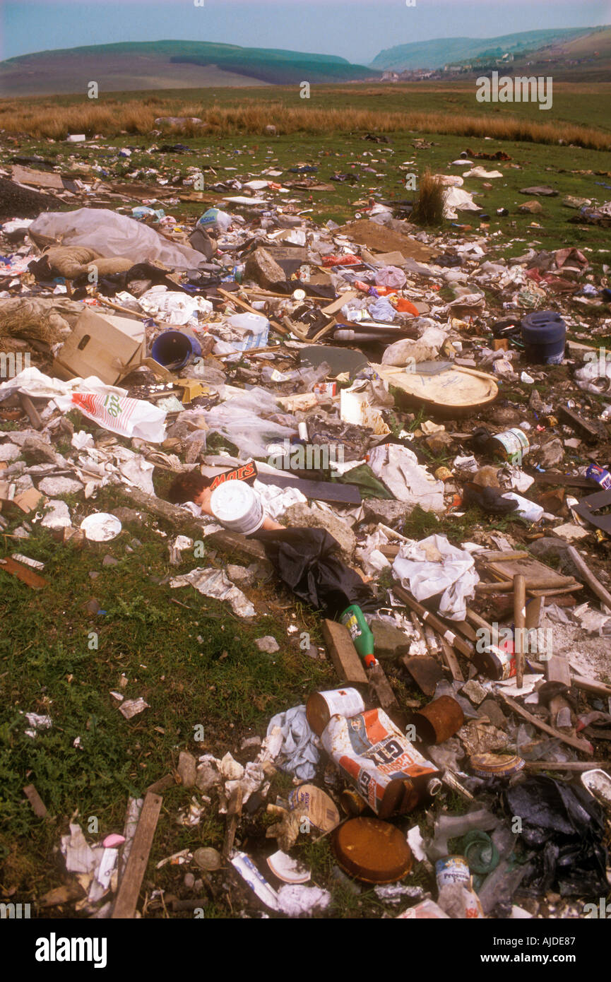 Litter dumped on moorland South Wales UK Stock Photo
