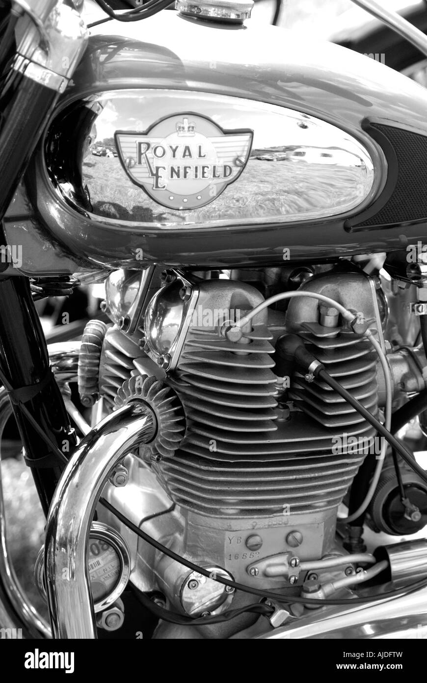 Close up shot of a Royal Enfield motorcycle engine and fuel tank in black and white Stock Photo