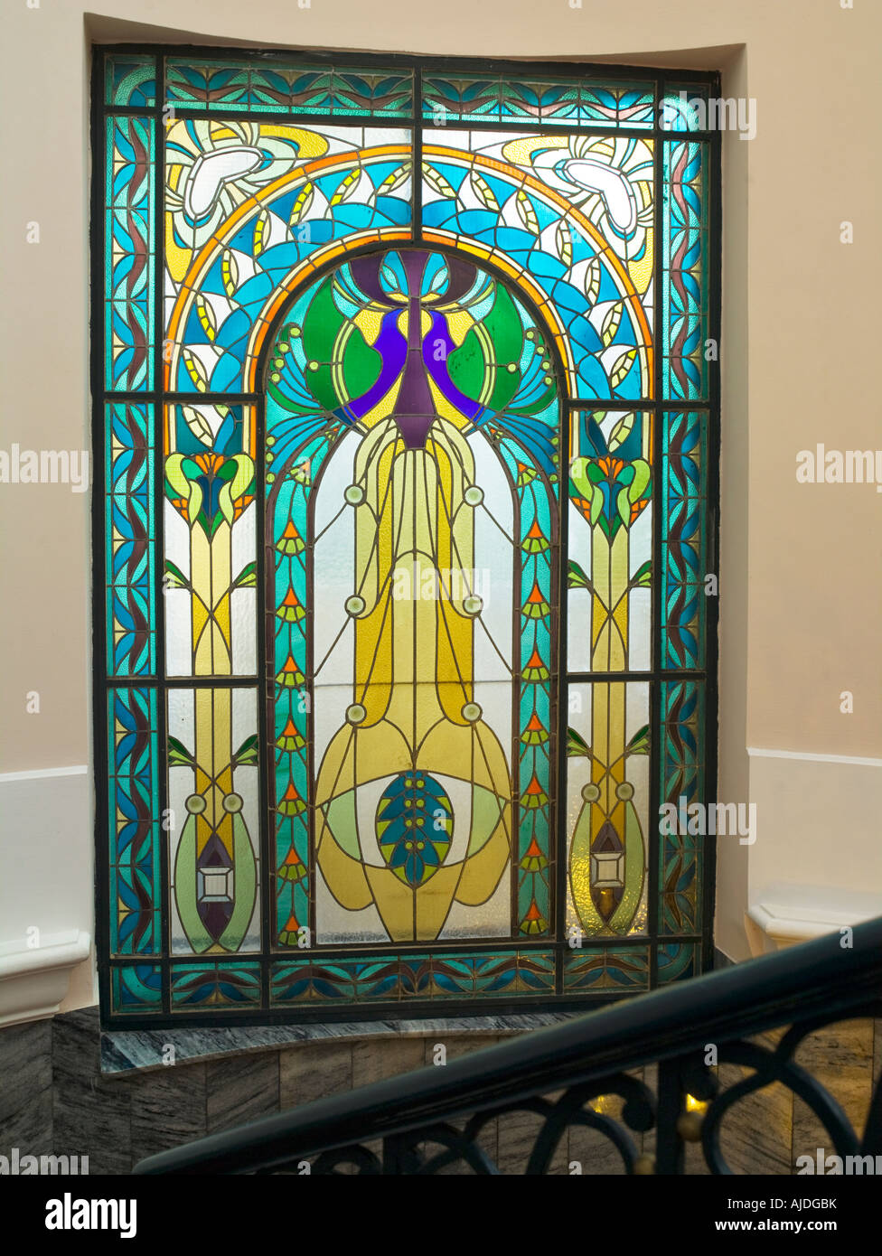 stained glass window on staircase, Palatinus Hotel, Pecs, Hungary Stock Photo