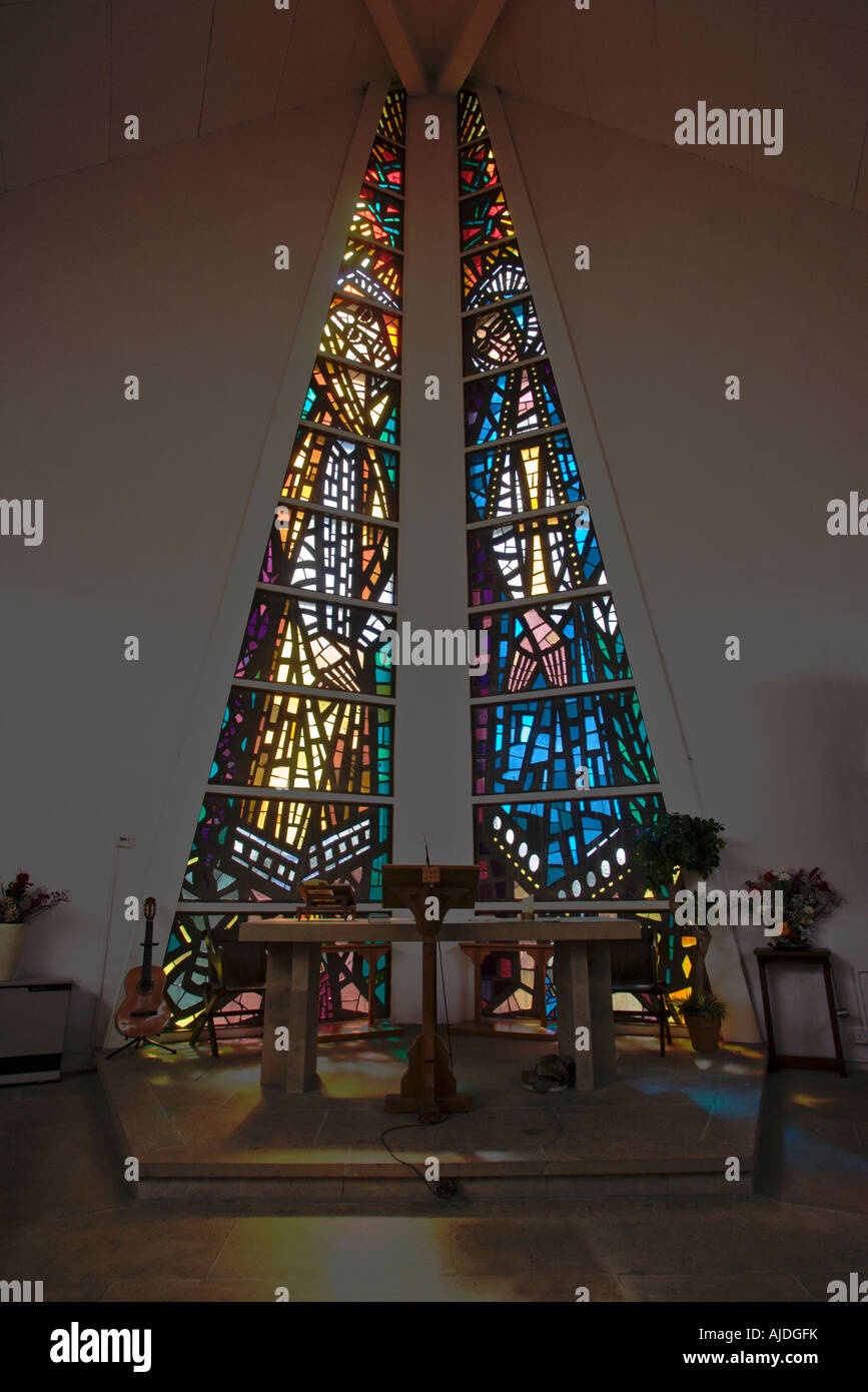 Holy Trinity Church Gleadless Sheffield built 1964 Stained glass windows by John Baker made in Whitefriars studio Stock Photo