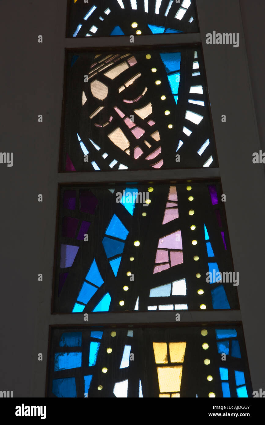 Detail of modern stained glass window, Holy Trinity church, built 1964 - 1965, Gleadless, Sheffield.  By Whitefriars Studio Stock Photo
