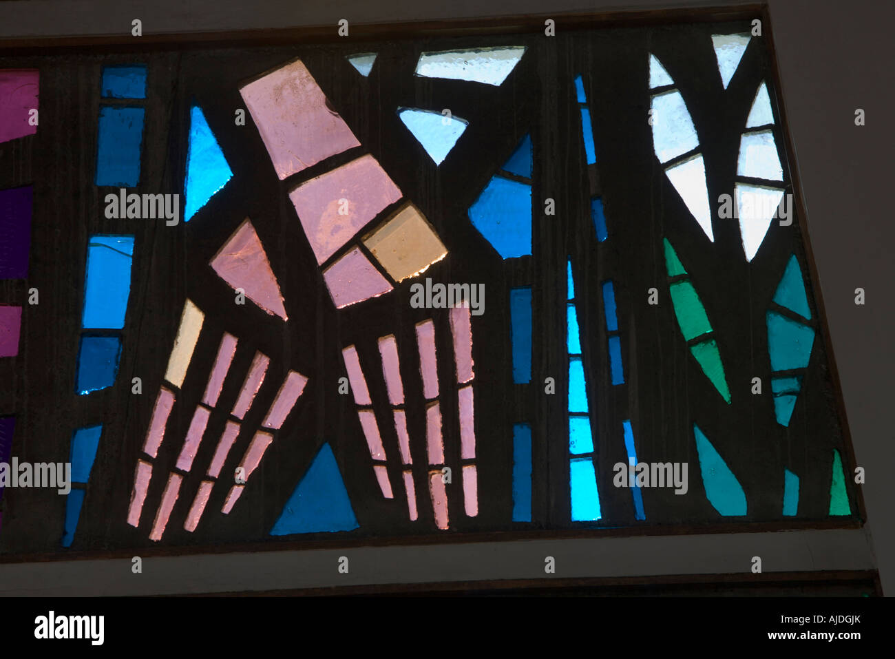 Detail of modern stained glass window, Holy Trinity church, built 1964 - 1965, Gleadless, Sheffield.  By Whitefriars Studio Stock Photo