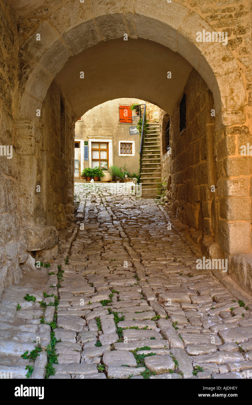 Narrow cobblestone street with arched tunnel surrounded by old Gothic
