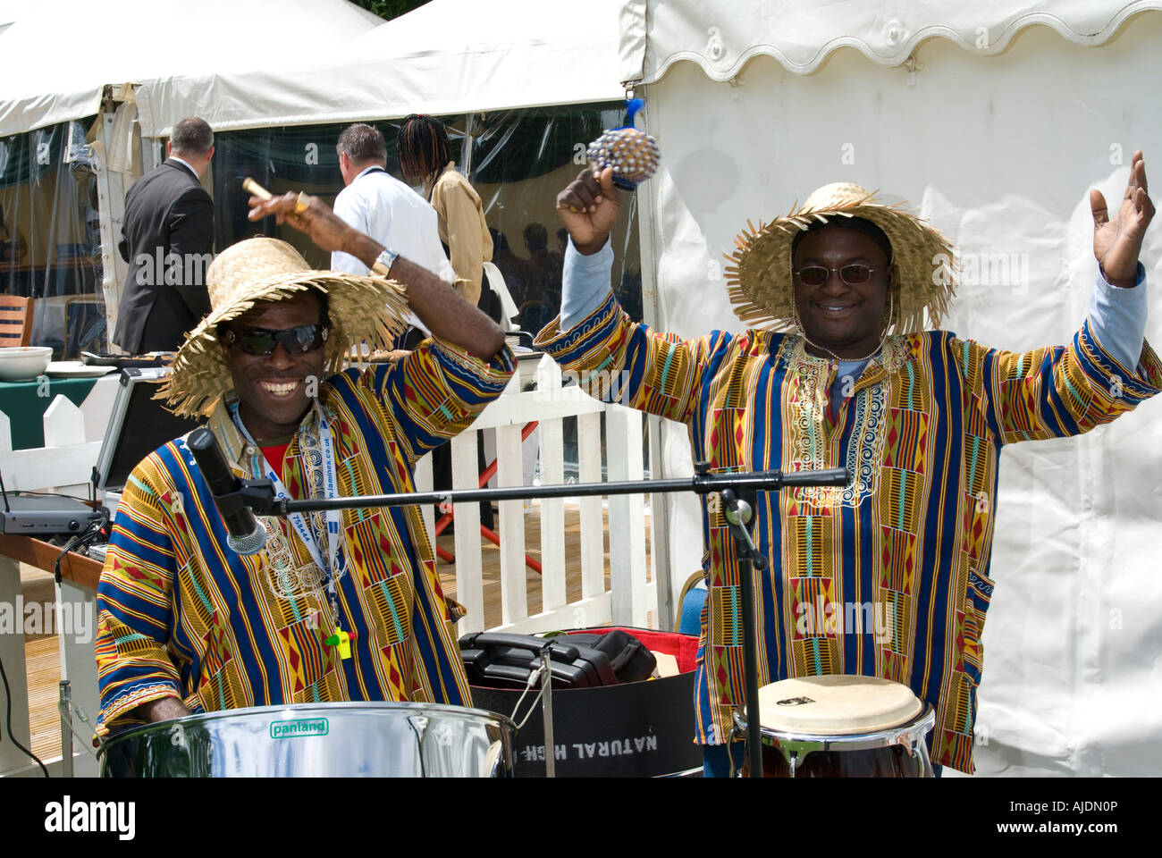 calypso musicians playing kettle drums at Sandown Park UK Stock Photo