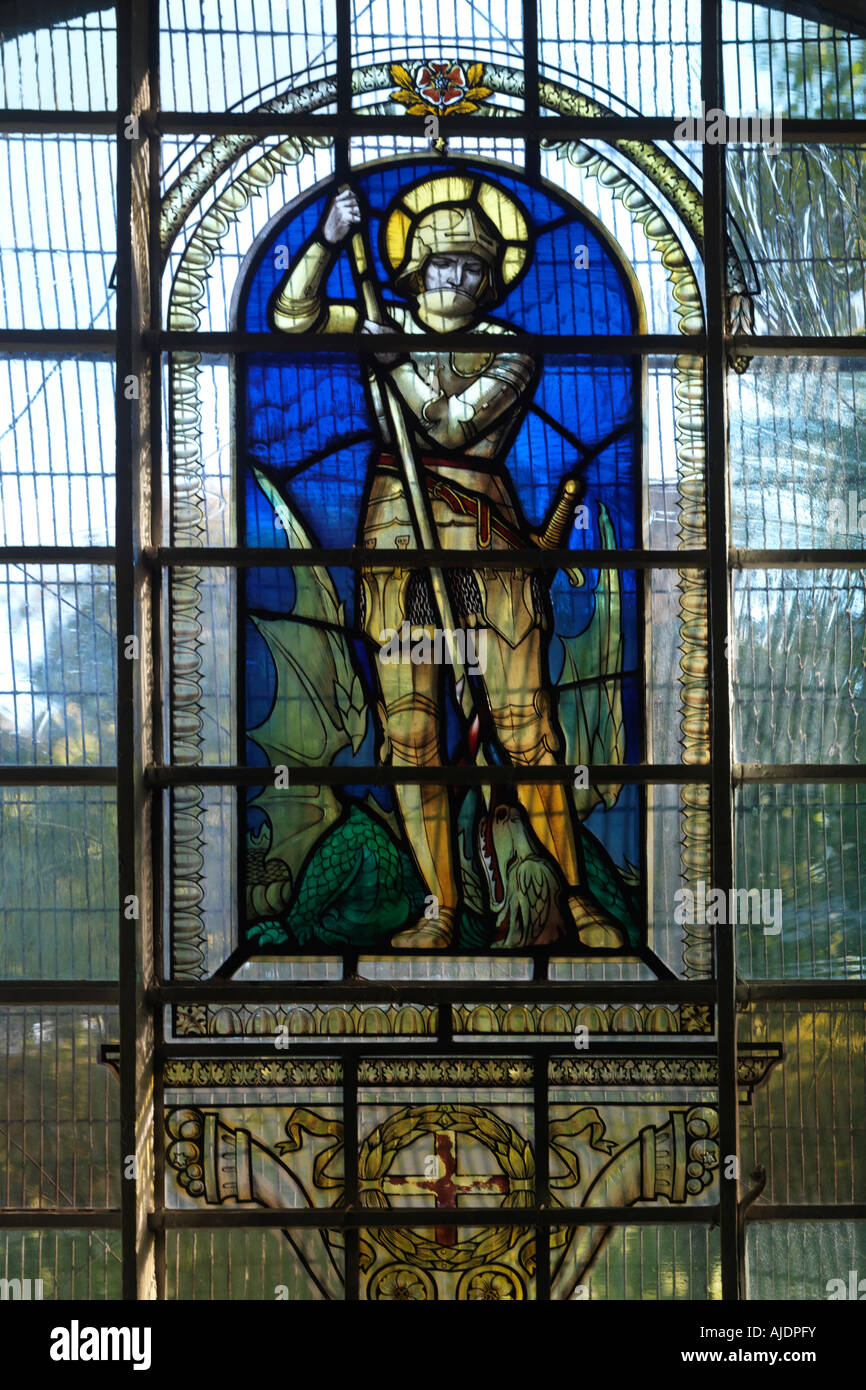 Stained Glass Window of George and the Dragon Holy Tritinty Church Clapham Common London Stock Photo