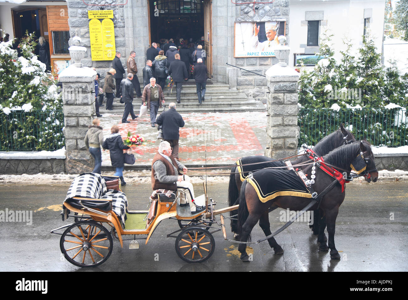 Polish funeral driving to the church in Poronin, the area of Podhale