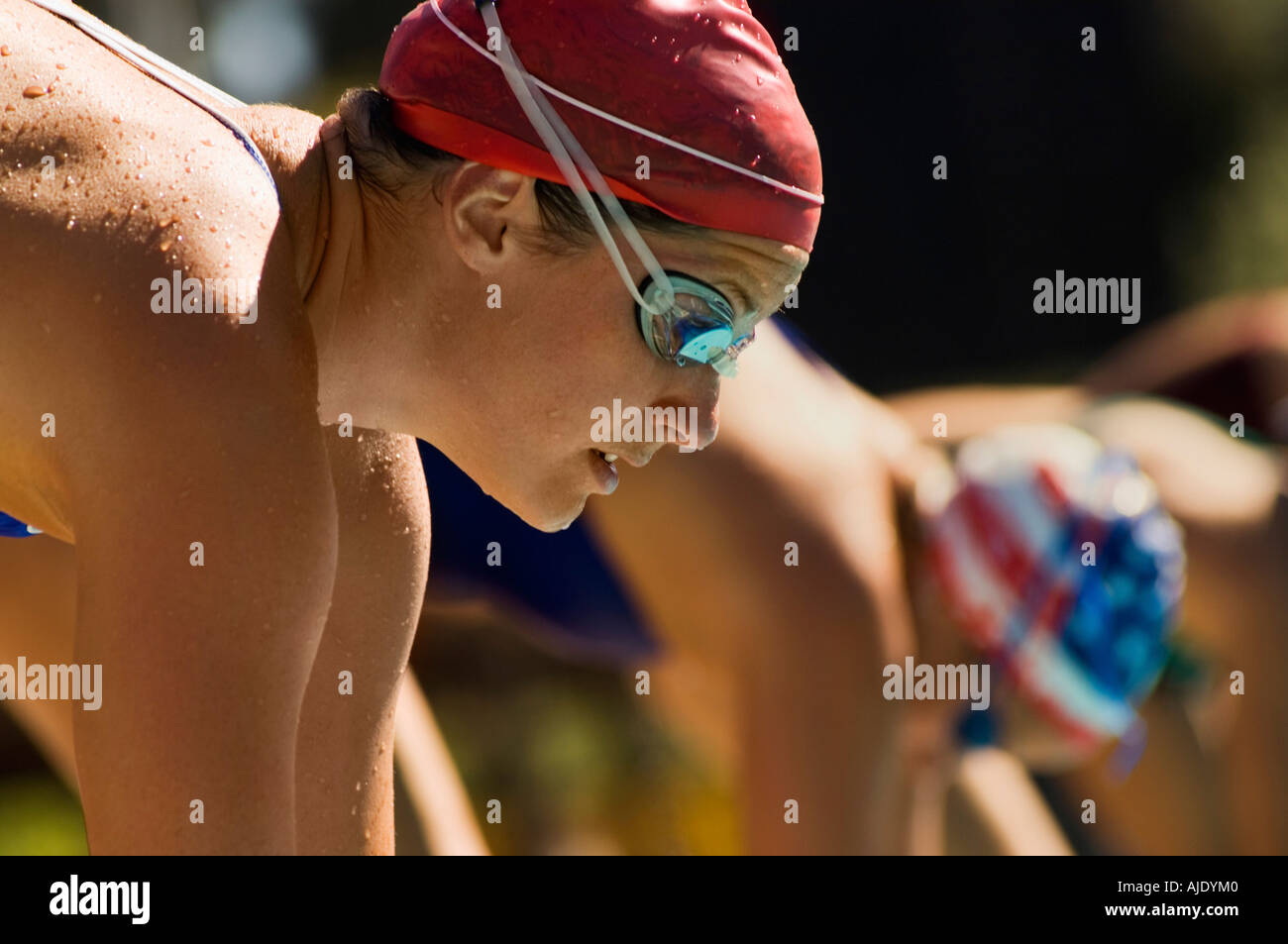 Female swimmers on starting blocks Stock Photo