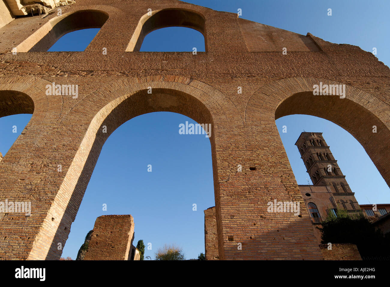 Rome Italy Basilica of Constantine Maxentius in the Roman Forum the Campanile of The church of Santa Francesca Romana Stock Photo