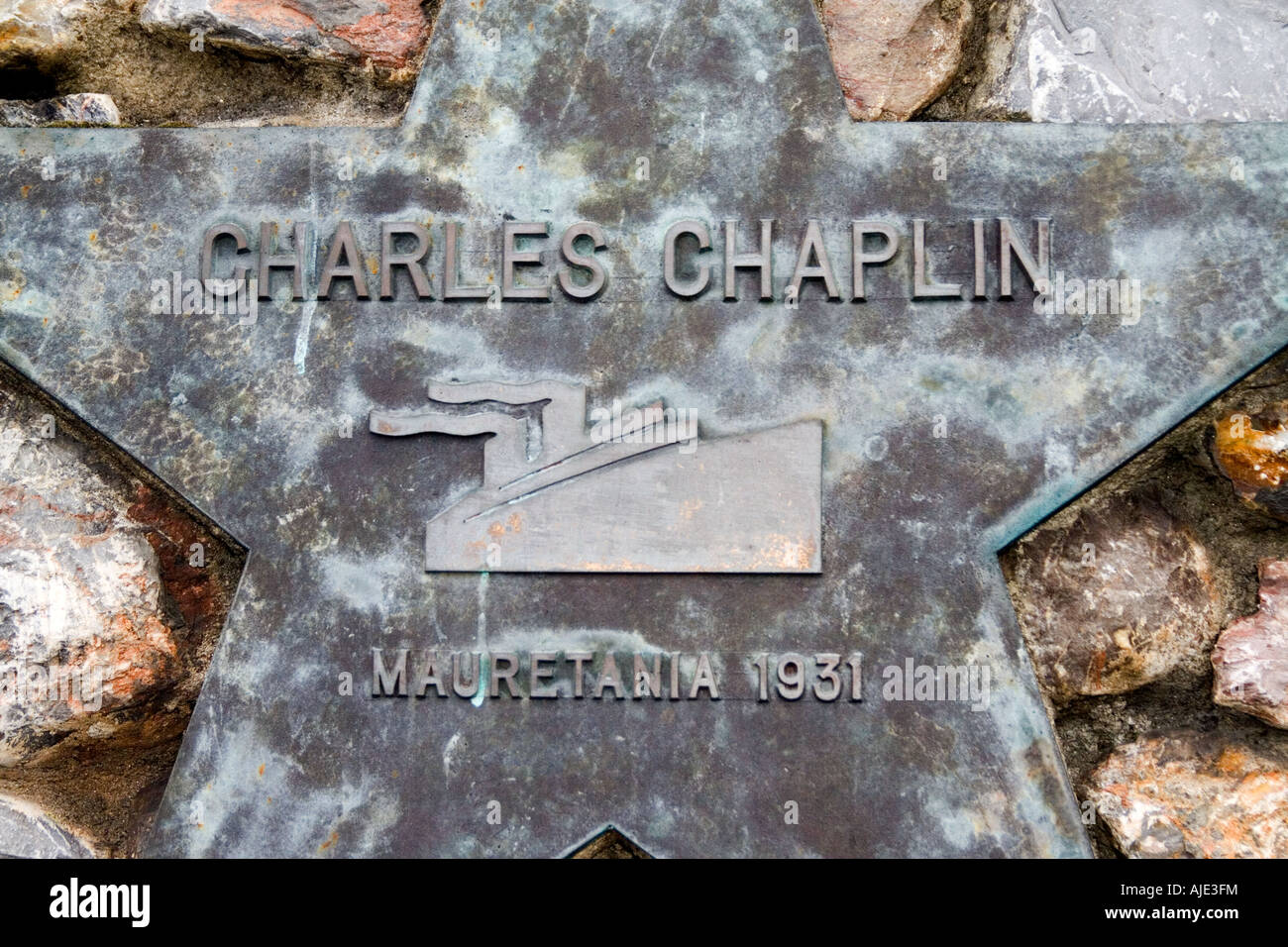Brass star, commemorating, Sir Charles Spencer Chaplin, KBE, English comic actor, Brass star, commemorating, Sir Charles Spencer Chaplin, KBE, English Stock Photo