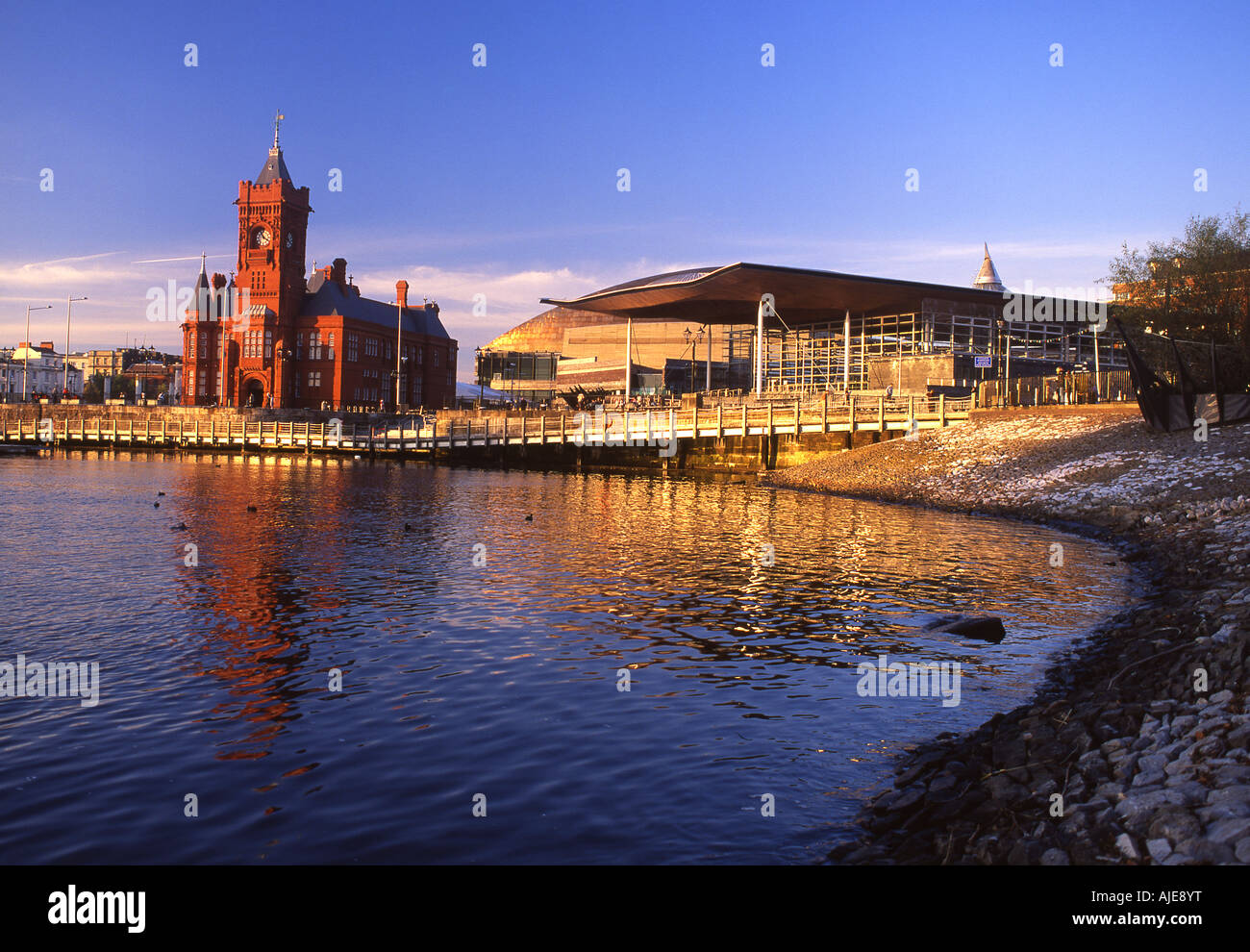 Senedd National Assembly for Wales Building and Pierhead Sunset view Cardiff Bay Cardiff South Wales Stock Photo
