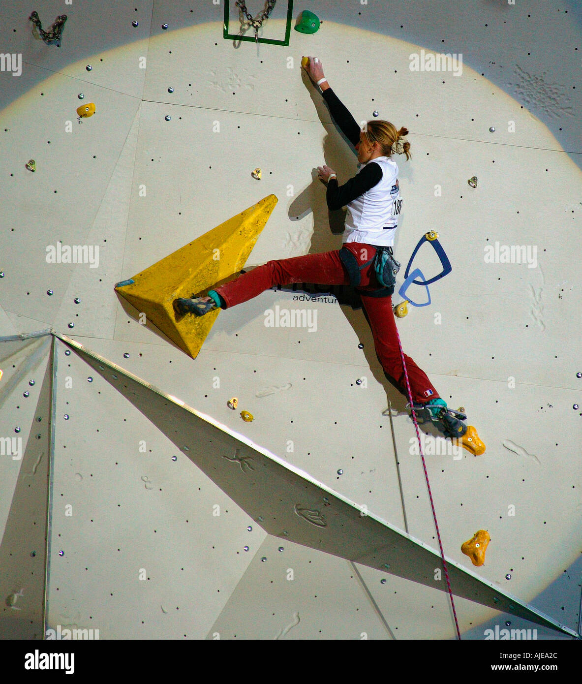 Sandrine Levett World Champion from France competing in Edinburgh climbing competition 2003 Stock Photo
