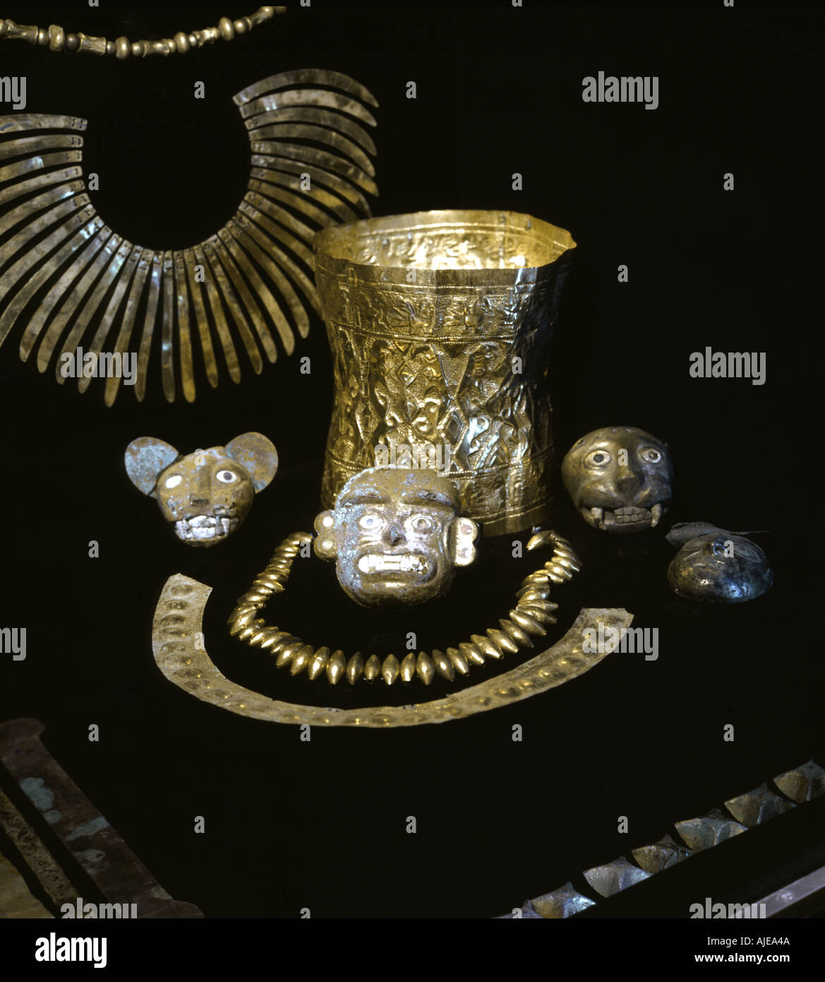 Pre-Hispanic gold artifacts on display in the Gold Museum Lima Peru Stock Photo