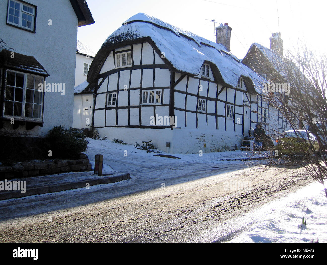 Snow Covered English Country Thatched Cottage Hampshire England UK