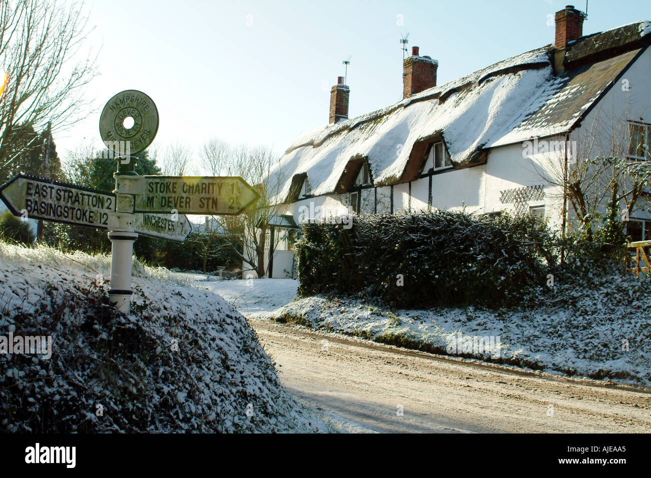 Snow Covered English Country Thatched Cottage Hampshire England UK