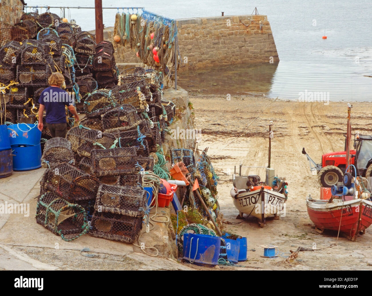 Crab and Lobster Pots with Fishing Boats on the slipway Sennen Cove ...