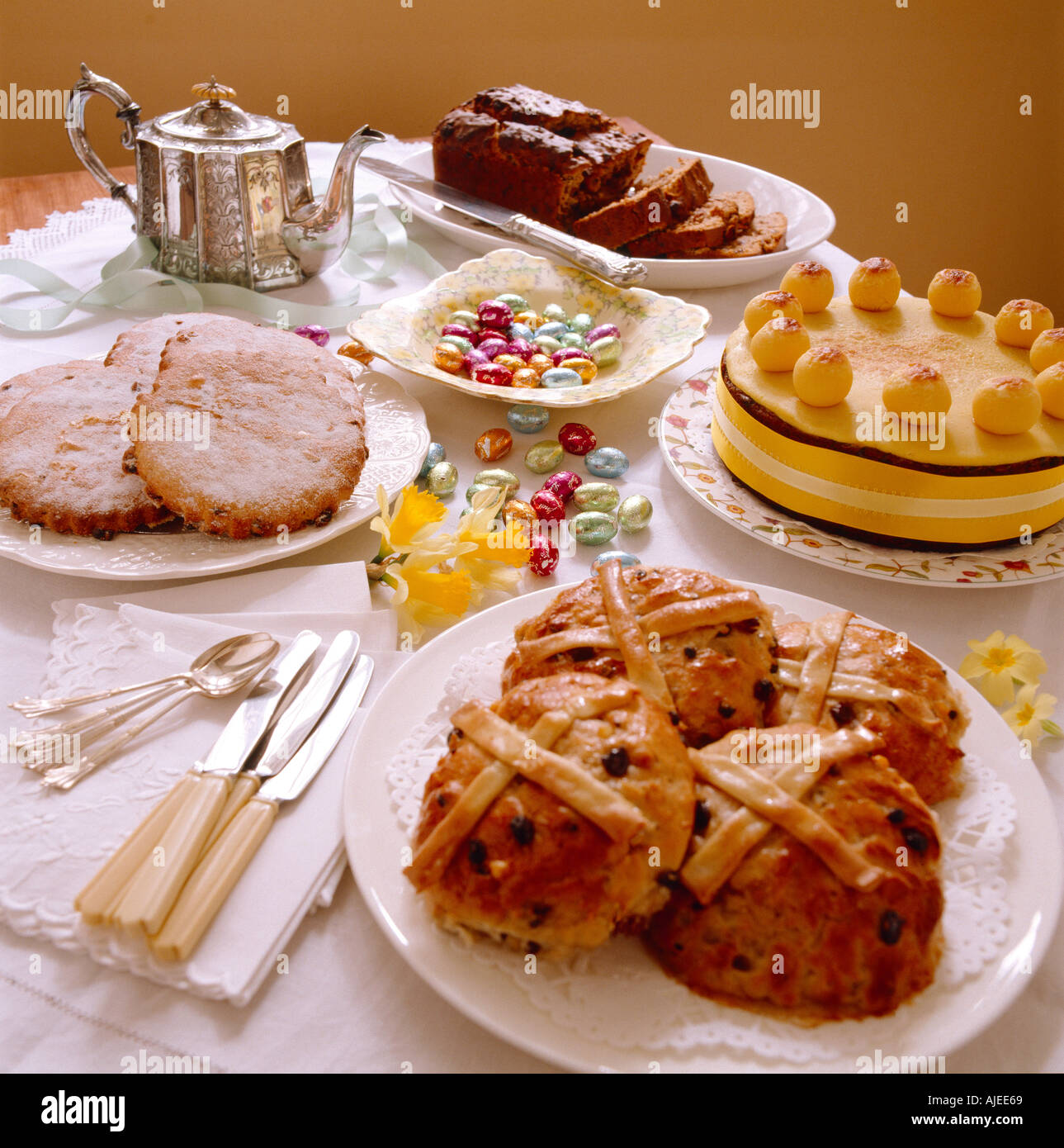 An Easter tea of Derbyshire spiced fruit bread Simnel cake hot cross