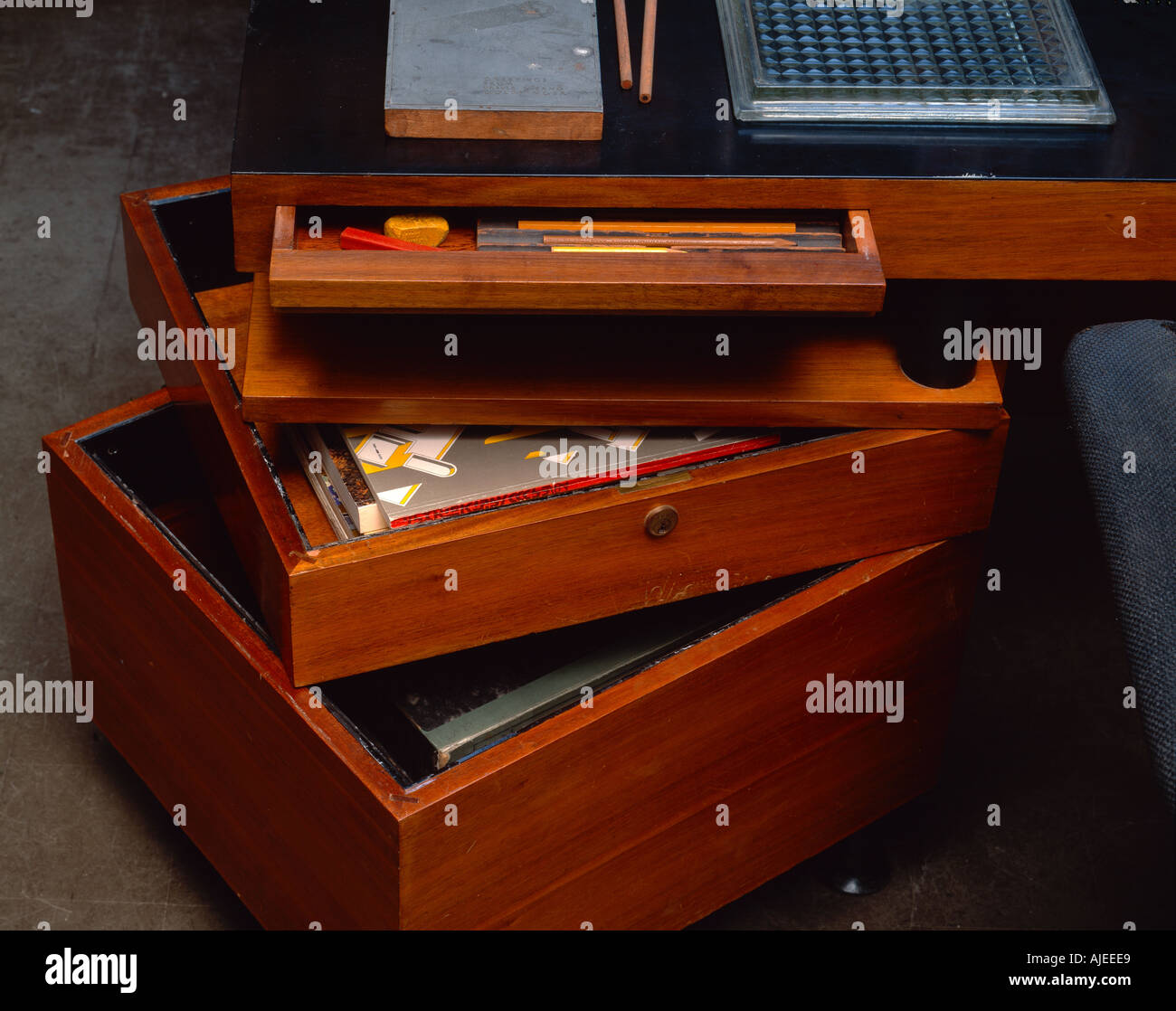 Pivoting drawers on the desk in the Studio at 2 Willow Road Hampstead London Stock Photo