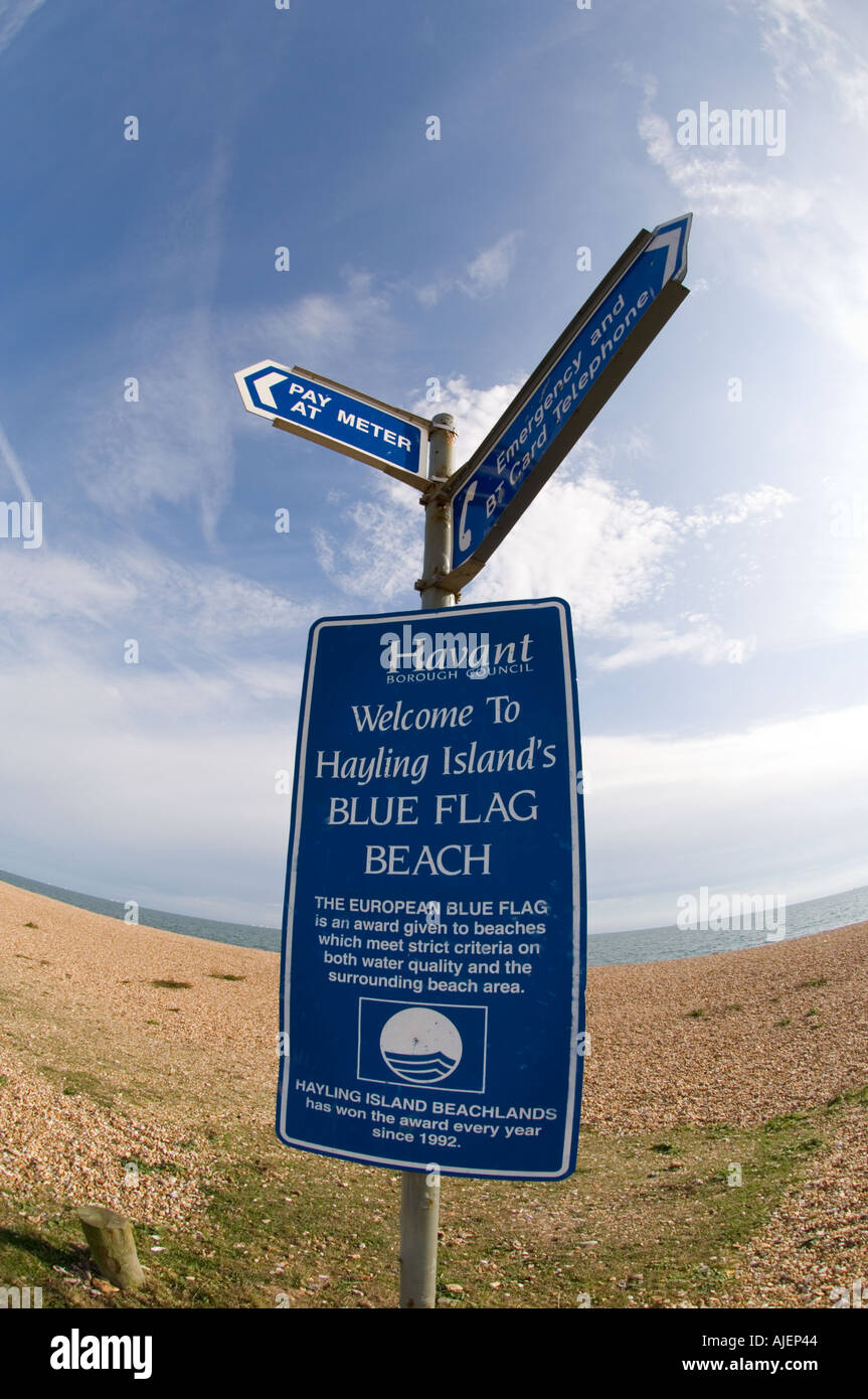 Blue flag beach sign at Hayling Island Hampshire UK awarded to clean