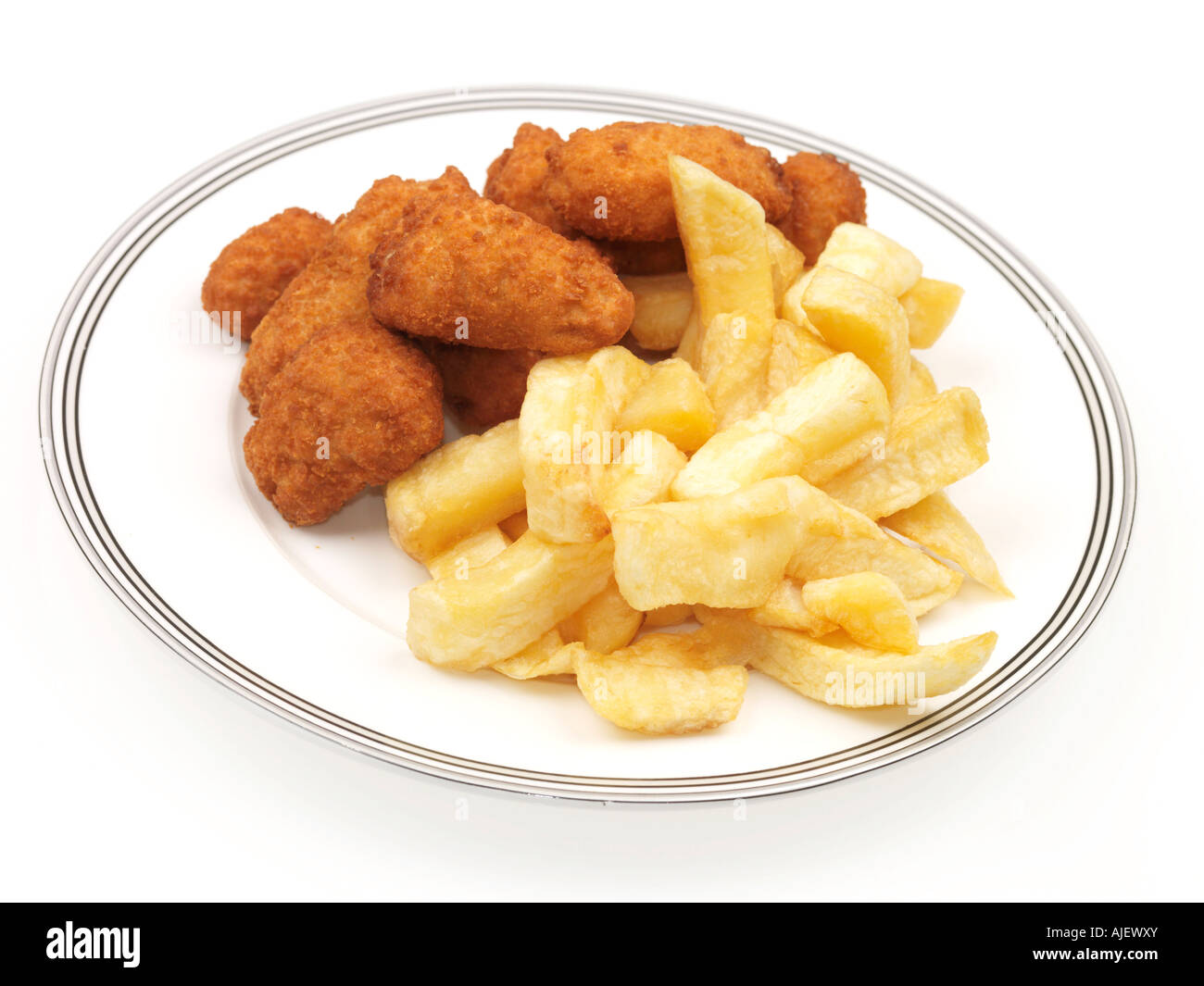 Plate Of Deep Fried Traditional British Scampi and Chips Against A