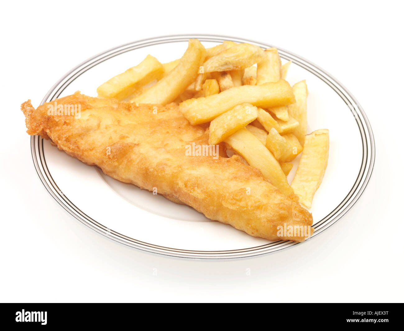 Plate Of Shop Bought Takeaway Cod or Haddock Fish and Chips Against A White Background with A Clipping Path And No People Stock Photo