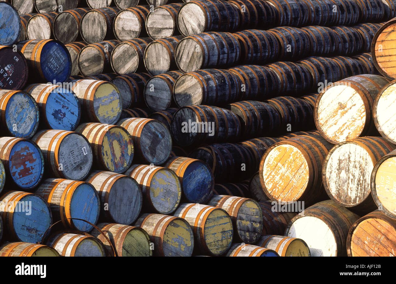 Stored whisky barrels in town of Dufftown, Scotlands whisky capital. Strathspey, Speyside, Grampian region of Scotland Stock Photo