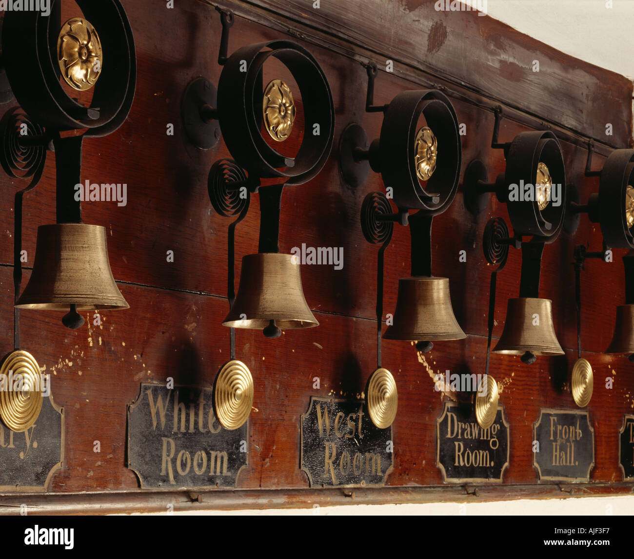 Detail of the brass servants bells at Erddig Wrexham Wales Stock Photo