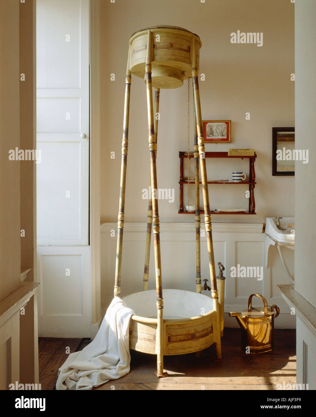 The old fashioned metal freestanding shower at Erddig Wrexham Wales