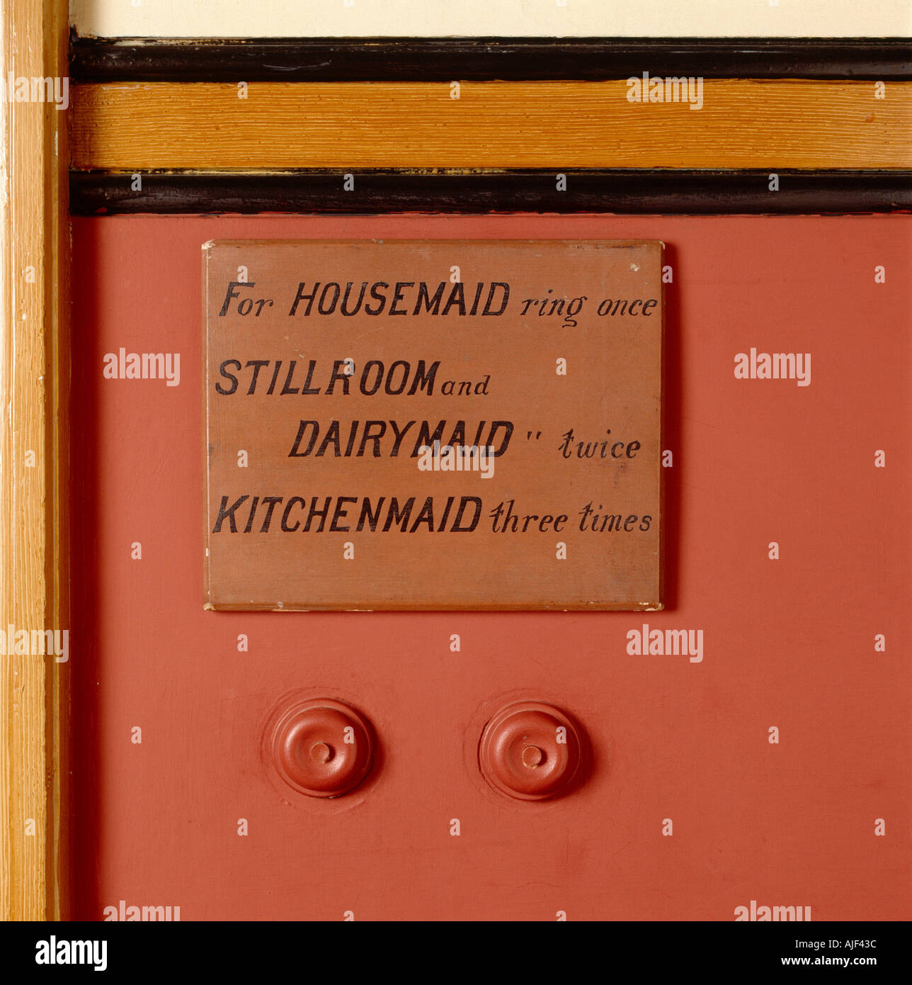 Close up of the bell pushes to summon various maids in the house at Lanhydrock Cornwall Stock Photo