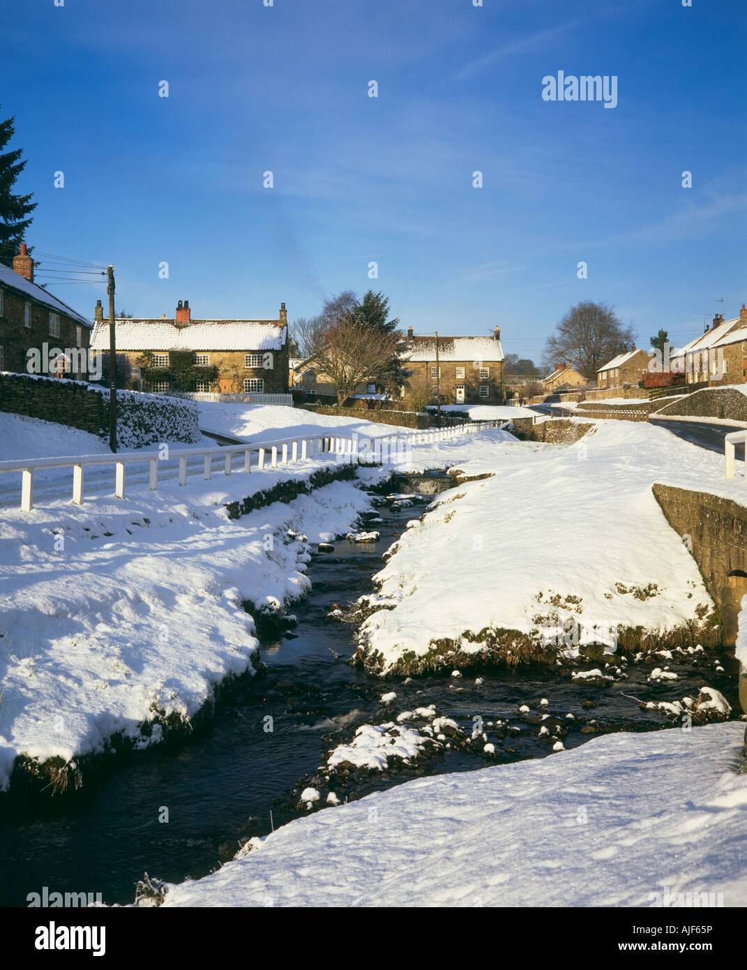 hutton beck flowing through hutton le hole surrounded by winter snow ...