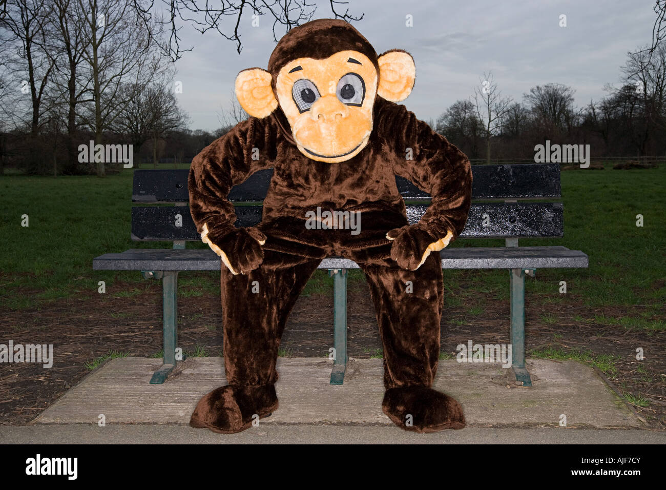 Person in monkey costume on bench Stock Photo